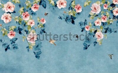 Papier peint  Fleurs sauvages, roses et oiseaux sur fond bleu