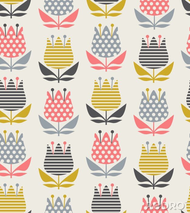 Papier peint  Fleurs scandinaves rétro à pois et rayures