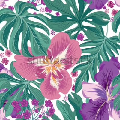 Papier peint  Fleurs tropicales et feuilles vertes