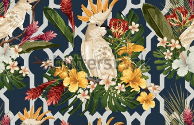 Papier peint  Fleurs tropicales et perroquets