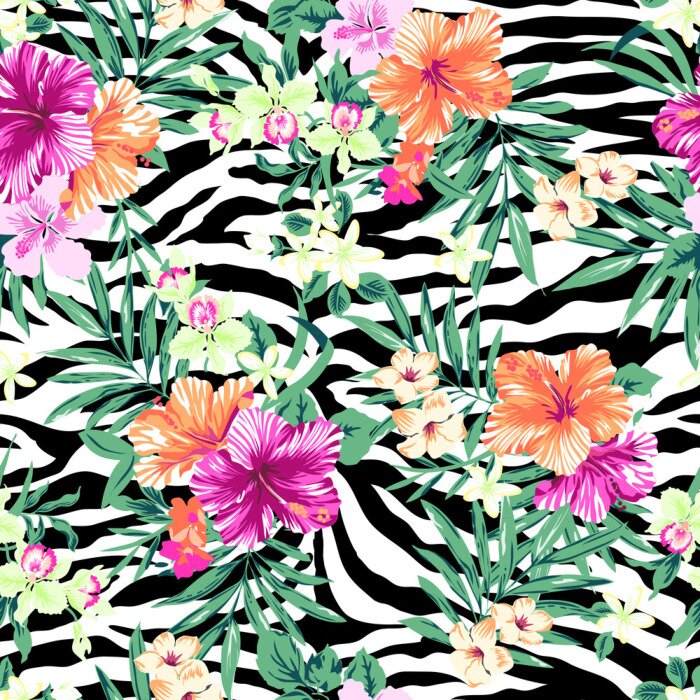Papier peint  Fleurs tropicales sur zebra print ~ fond transparent
