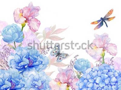Papier peint  Floral background .illustration of watercolor. flowers peonies, irises, hydrangeas,butterflies and dragonflies . postcard floral pattern