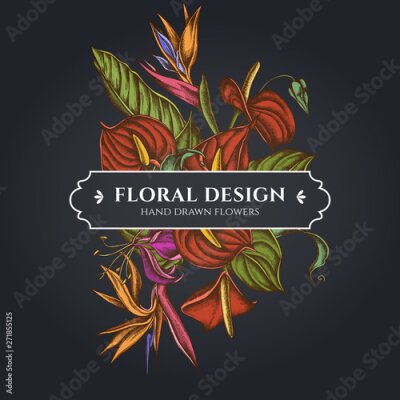 Papier peint  Floral bouquet dark design with gloriosa, anthurium, strelitzia
