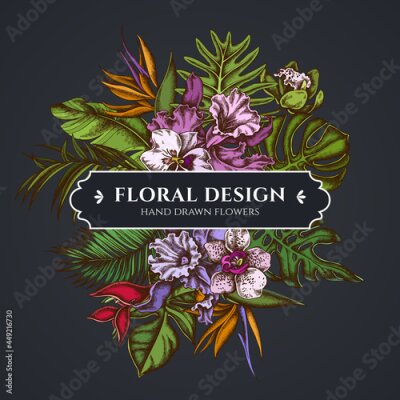 Papier peint  Floral bouquet dark design with monstera, banana palm leaves, strelitzia, heliconia, tropical palm leaves, orchid