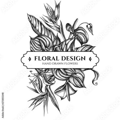 Papier peint  Floral bouquet design with black and white gloriosa, anthurium, strelitzia