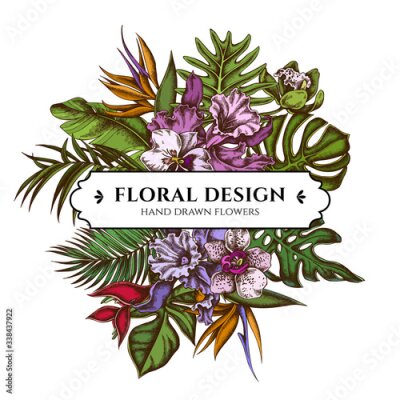 Papier peint  Floral bouquet design with colored monstera, banana palm leaves, strelitzia, heliconia, tropical palm leaves, orchid