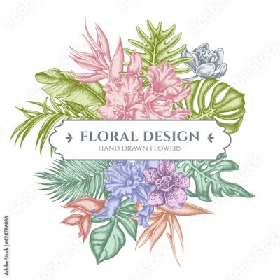 Papier peint  Floral bouquet design with pastel monstera, banana palm leaves, strelitzia, heliconia, tropical palm leaves, orchid