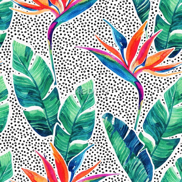 Papier peint  Floral exotic seamless pattern. Watercolor tropical flowers on doodle background