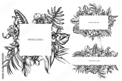 Papier peint  Floral frames with black and white monstera, banana palm leaves, strelitzia, heliconia, tropical palm leaves, orchid
