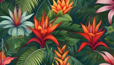 Papier peint  Floral Seamless pattern, jungle palm levels. Bromeliad, hibiscus, anthurium and strelitzia