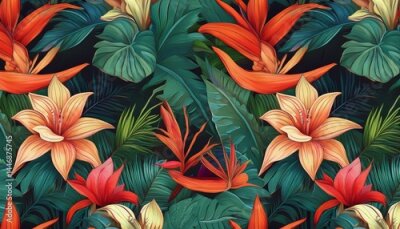 Papier peint  Floral Seamless pattern, jungle palm levels. Bromeliad, hibiscus, anthurium and strelitzia