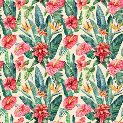 Papier peint  Floral Seamless pattern, jungle palm levels. Bromeliad, hibiscus, anthurium and strelitzia Flowers