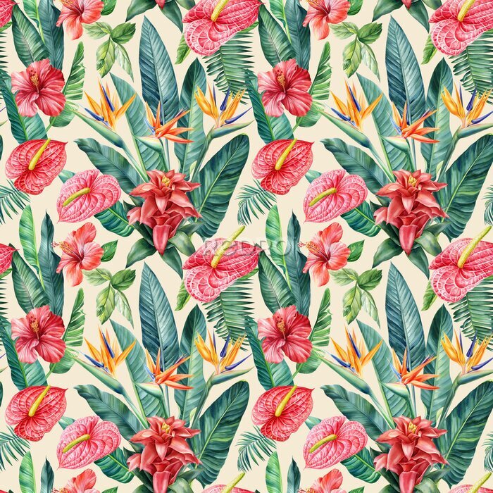 Papier peint  Floral Seamless pattern, jungle palm levels. Bromeliad, hibiscus, anthurium and strelitzia Flowers