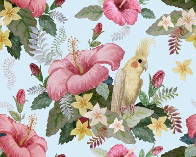 Papier peint  Floral seamless pattern. Pink hibiscus and frangipani flowers, yellow Australian parakeet, fantasy tropical foliage on a light blue background. Wallpaper, batik paint, chintz design
