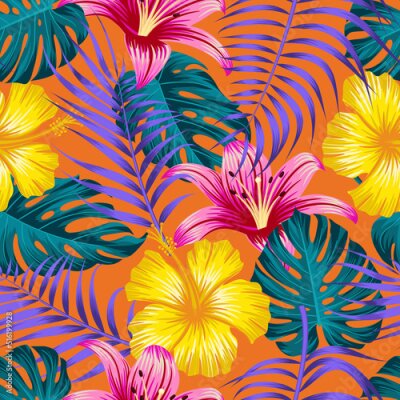 Papier peint  Floral seamless pattern with leaves. tropical background	
