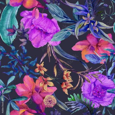 Papier peint  Floral seamless pattern with peonies and tropical flowers and leaves. Seamless botanical wallpaper hand painted in watercolor