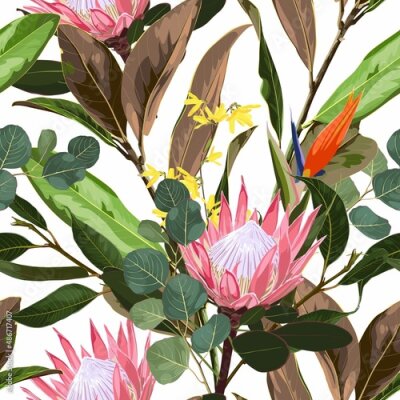 Papier peint  Floral Seamless Pattern with protea, strelitzia flowers and magnolia branch with leaves. Blooming Flowers on white Background.	