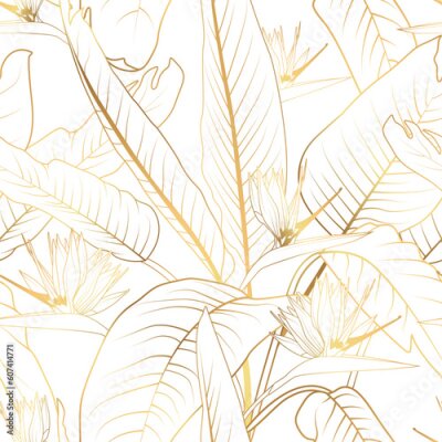 Papier peint  Floral spring seamless pattern. Strelitzia reginea bloom blossom leaves. Gold shiny outline on white background. Vector illustration for fashion, textile, fabric, decoration.