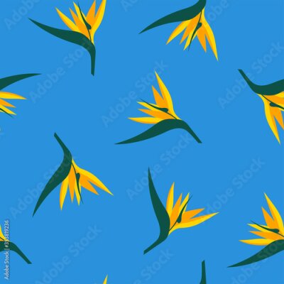 Papier peint  Floral tropical seamless vector pattern. Stylized yellow Strelitzia flowers on a blue background in flat style. Pattern with exotic strelitzia flowers for print, textile, cards, design.