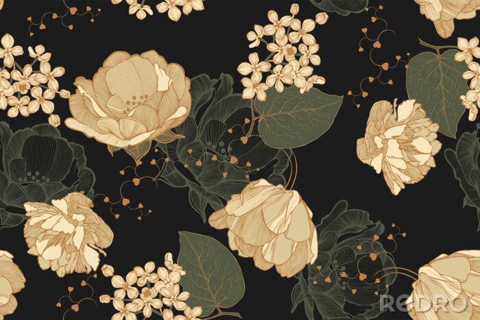 Papier peint  Floral vintage seamless pattern with roses, tulips and lilac. Hand drawing, vector illustration.