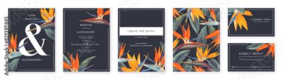 Papier peint  Floral wedding invitation card design template, bright Strelitzia flowers. Design template with high detail, vector, realistic tropical flowers. Place for text. Save the Date and RSVP Collection.