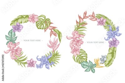 Papier peint  Floral Wreath of pastel monstera, banana palm leaves, strelitzia, heliconia, tropical palm leaves, orchid