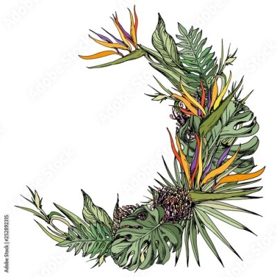Papier peint  Floral wreath with tropical leaves and exotic strelitzia flowers.  Hand drawn vector illustration.