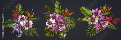 Papier peint  Flower bouquet of colored monstera, banana palm leaves, strelitzia, heliconia, tropical palm leaves, orchid