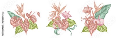 Papier peint  Flower bouquet of pastel gloriosa, anthurium, strelitzia