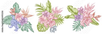 Papier peint  Flower bouquet of pastel monstera, banana palm leaves, strelitzia, heliconia, tropical palm leaves, orchid