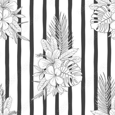 Papier peint  Flower bouquet sketchy seamless pattern. Exotic Hibiscus, Plumeria, Strelitzia blossom black ink illustration on vertical striped backdrop. Elegant botanical textile, palm leaves wallpaper design
