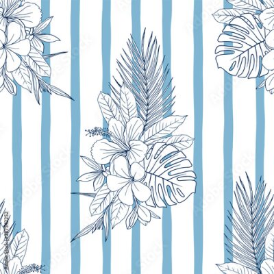 Papier peint  Flower bouquet sketchy seamless pattern. Exotic Hibiscus, Plumeria, Strelitzia blossom blue ink illustration on vertical striped backdrop. Elegant botanical textile, palm leaves wallpaper design