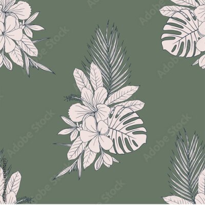 Papier peint  Flower bouquet sketchy vector seamless pattern. Exotic Hibiscus, Plumeria, Strelitzia blossom blue ink illustration on green backdrop. Elegant botanical textile, palm leaves wallpaper design