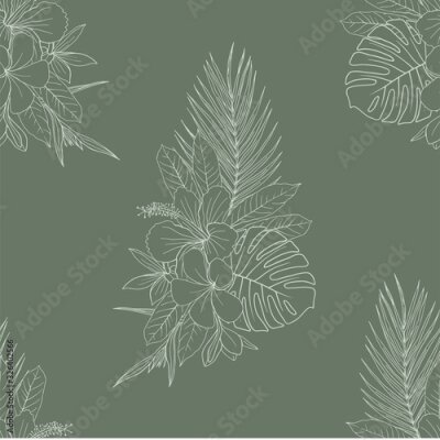 Papier peint  Flower bouquet sketchy vector seamless pattern. Exotic Hibiscus, Plumeria, Strelitzia blossom elegant linear illustration on green backdrop. Elegant botanical textile, palm leaves wallpaper design