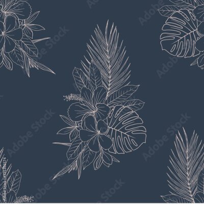 Papier peint  Flower bouquet sketchy vector seamless pattern. Exotic Hibiscus, Plumeria, Strelitzia blossom inky illustration on dark blue backdrop. Elegant botanical textile, palm leaves wallpaper design