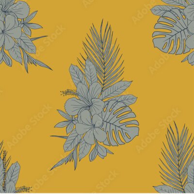 Papier peint  Flower bouquet sketchy vector seamless pattern. Exotic Hibiscus, Plumeria, Strelitzia blossom linear inky illustration on mustard backdrop. Elegant botanical textile, palm leaves wallpaper design