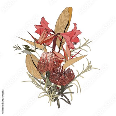 Papier peint  Flower frame with orchid, strelitzia, simple colored flowers, style isolated on white background. Template for invitation card. Square composition. 