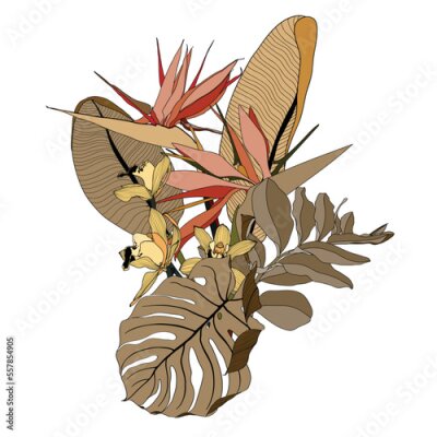 Papier peint  Flower frame with orchid, strelitzia, simple colored flowers, style isolated on white background. Template for invitation card. Square composition. 