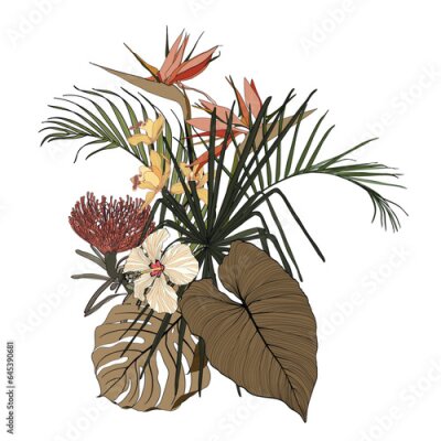 Papier peint  Flower frame with orchid, strelitzia, simple colored flowers, style isolated on white background. Template for invitation card. Square composition. 