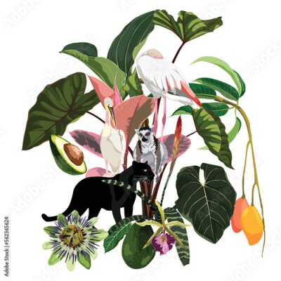 Papier peint  Flower frame with strelitzia exotic flowers, flamingo bird, wild animals in watercolor style isolated on white background. Template for invitation card. Square composition with exotic plant. 