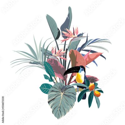 Papier peint  Flower frame with strelitzia exotic flowers, toucan bird in watercolor style isolated on white background. Template for invitation card. Square composition with pink plant. 