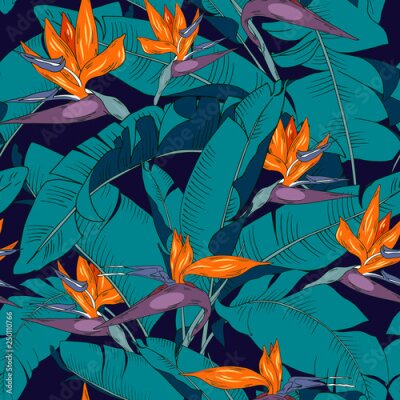 Papier peint  flowers and leaves strelitzia, seamless vector pattern with tropical plants