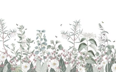 Papier peint  Flowers and plants wallpaper design in pastel tones, pattern design, isolated on white background, textile fabric, oil painting, brush texture, mural art.