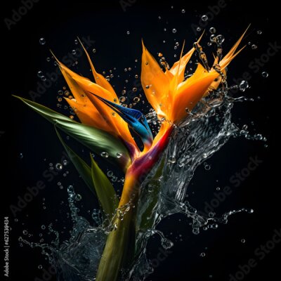 Papier peint  Flowers composition. Bird of Paradise Strelitzia plants floral splashing in the air with water