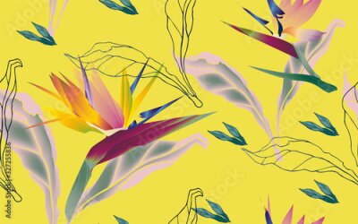 Papier peint  Flowers of bird of paradise, Strelitzia royal with leaves and petals on a white background seamless pattern.