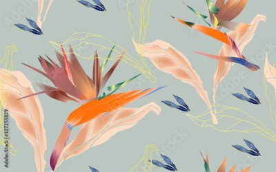 Papier peint  Flowers of bird of paradise, Strelitzia royal with leaves and petals on a white background seamless pattern.