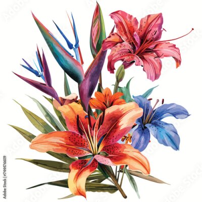 Papier peint  Flowers watercolor lily orchid Strelitzia bouquet