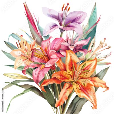 Papier peint  Flowers watercolor lily orchid Strelitzia bouquet