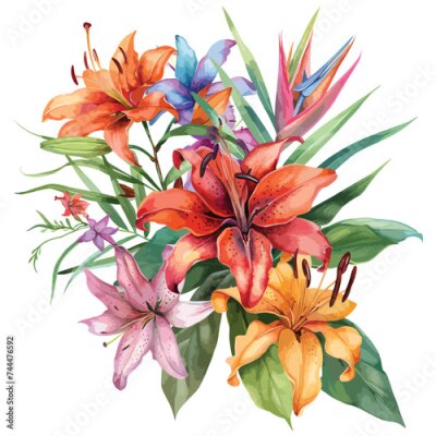 Papier peint  Flowers watercolor lily orchid Strelitzia bouquet