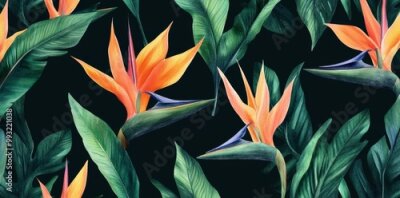 Papier peint  Flowing floral pattern with tropical leaves and strelitzia on red background. Template for textiles, interior, clothes, wallpaper. Watercolor illustration.